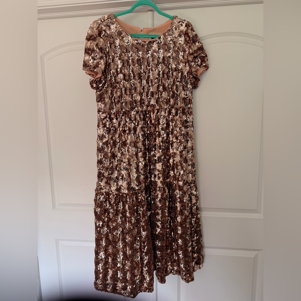 Anthropologie Maeve Rose Gold Sequin Tiered Dress Large